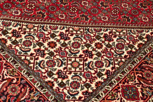 Backside of handmade 2020s Bijar rug showing knot structure and weave density