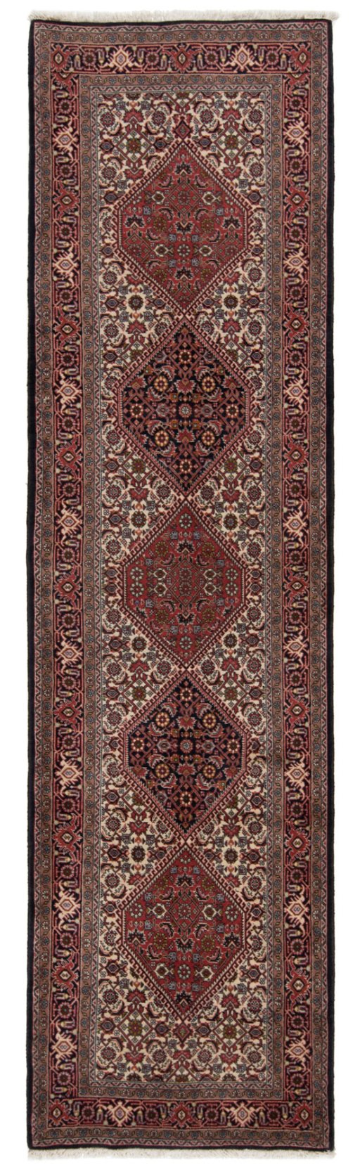 Full view of New Bijar rug from Iran / Persia, 305 × 85 cm in Multi Color tones