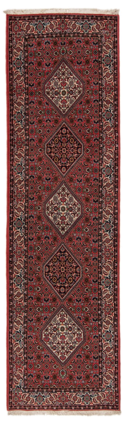 Full view of New Bijar rug from Iran / Persia, 305 × 86 cm in Multi Color tones