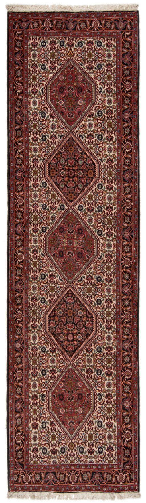 Full view of New Bijar rug from Iran / Persia, 307 × 85 cm in Multi Color tones