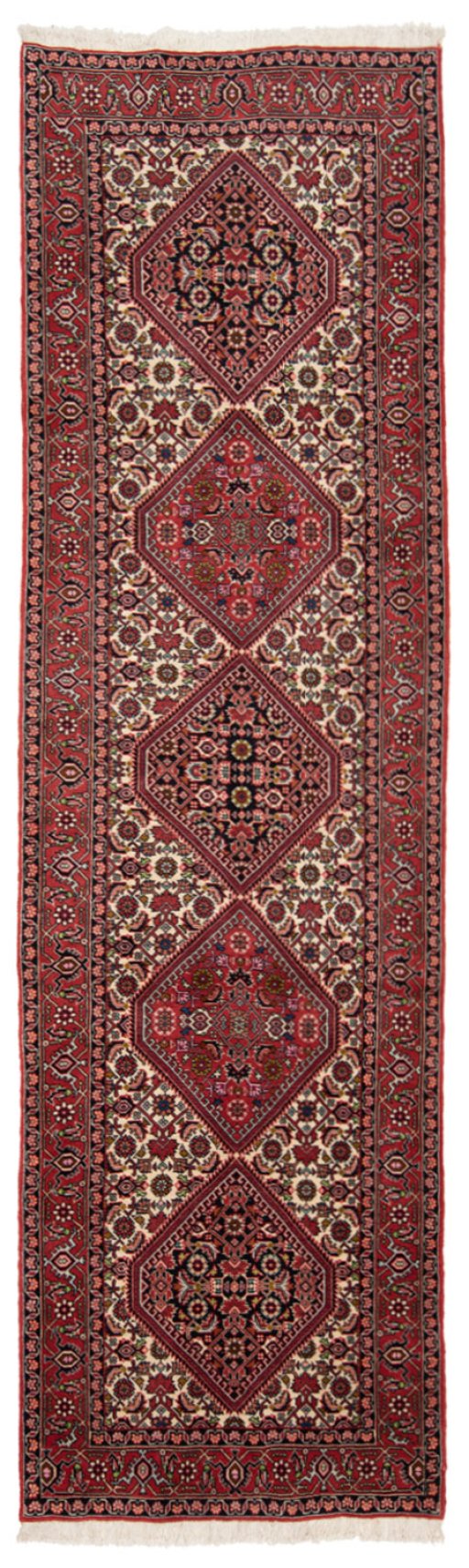Full view of New Bijar rug from Iran / Persia, 299 × 84 cm in Multi Color tones