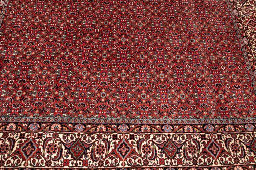 Corner detail of New Bijar rug showing border pattern and Wool pile