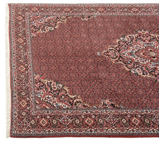 Corner detail of New Bijar rug showing border pattern and Wool pile