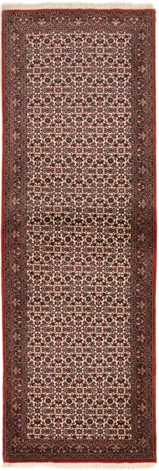 Full view of New Bijar rug from Iran / Persia, 230 × 73 cm in Beige tones
