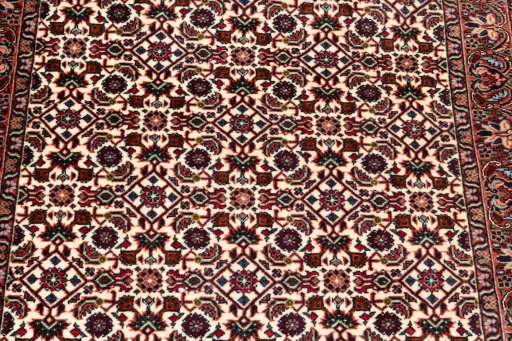 Corner detail of New Bijar rug showing border pattern and Wool pile
