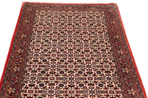 Full view of New Bijar rug from Iran / Persia, 230 × 73 cm in Beige tones