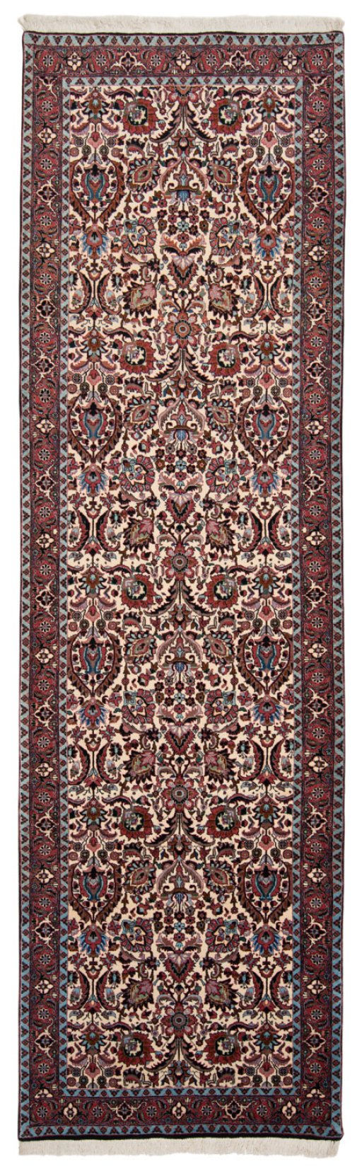 Full view of New Bijar rug from Iran / Persia, 305 × 90 cm in Multi Color tones