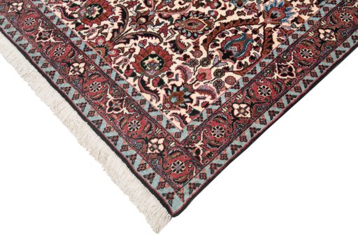 Corner detail of New Bijar rug showing border pattern and Wool pile