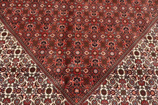 Corner detail of New Bijar rug showing border pattern and Wool pile