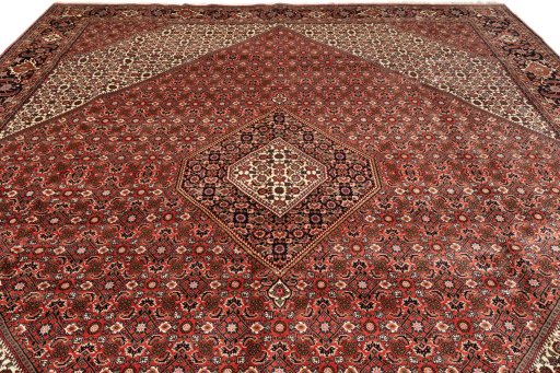 Full view of New Bijar rug from Iran / Persia, 393 × 300 cm in Red tones