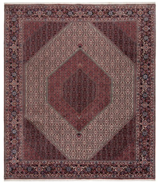 Full view of New Bijar rug from Iran / Persia, 357 × 303 cm in Beige tones