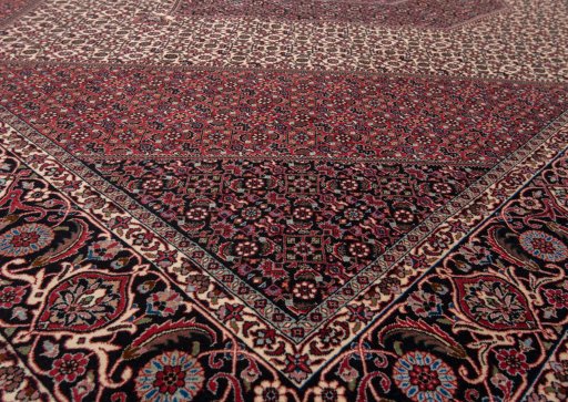 Corner detail of New Bijar rug showing border pattern and Wool pile