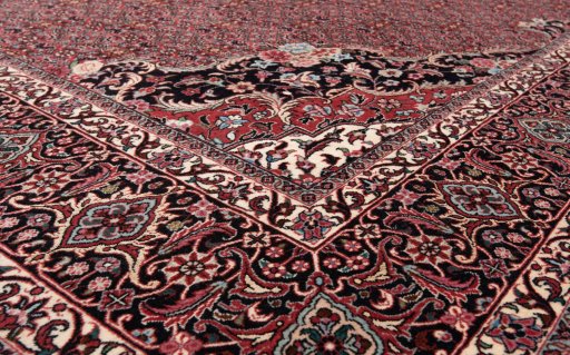 Corner detail of New Bijar rug showing border pattern and Wool pile