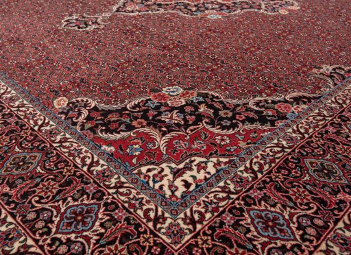 Corner detail of New Bijar rug showing border pattern and Wool pile
