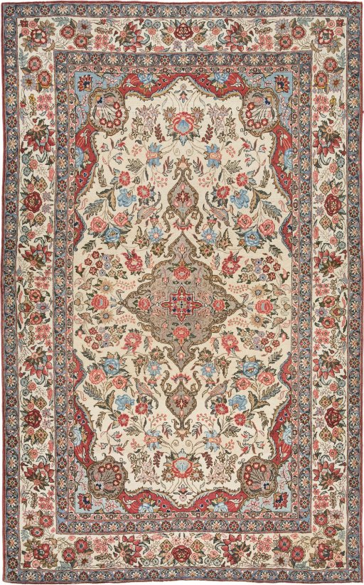 Full view of 1960s Ghom rug from Iran / Persia, 224 × 138 cm in Cream tones