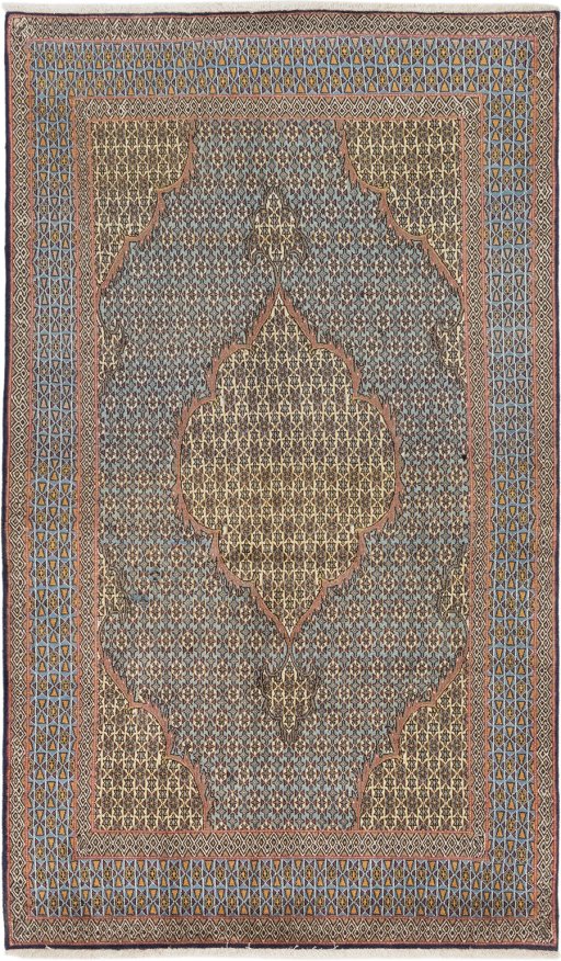 Full view of 1960s Ghom rug from Iran / Persia, 210 × 125 cm in Blue tones