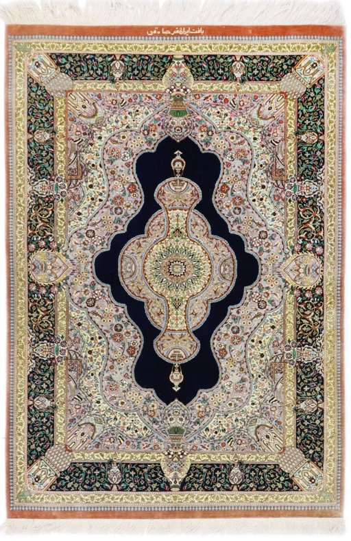 Full view of New Ghom rug from Iran / Persia, 146 × 99 cm in Black tones