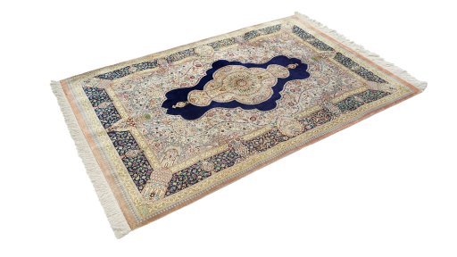 Corner detail of New Ghom rug showing border pattern and Silk pile