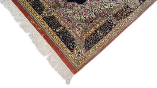 Backside of handmade New Ghom rug showing knot structure and weave density