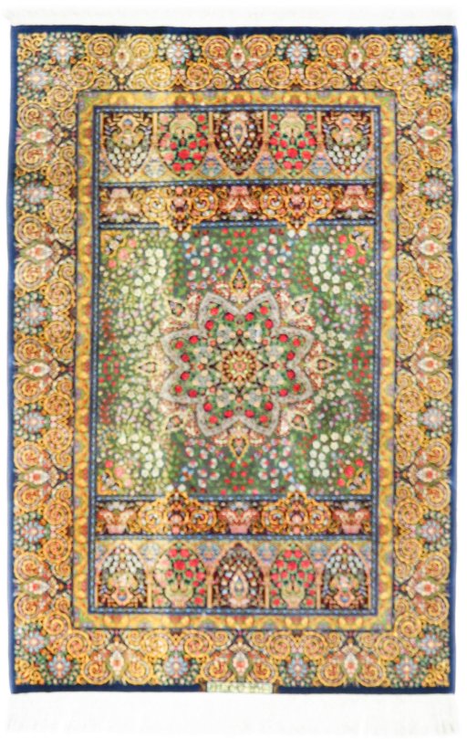 Full view of New Ghom rug from Iran / Persia, 149 × 100 cm in Green tones