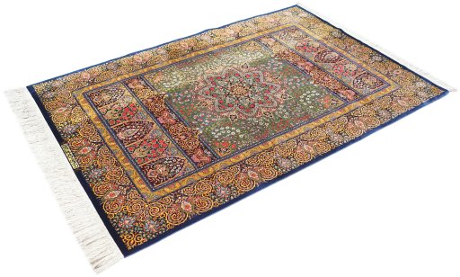 Close-up detail of New Ghom rug from Iran / Persia showing Silk weave
