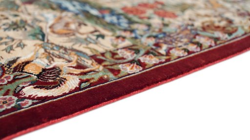 Close-up detail of New Ghom rug from Iran / Persia showing Silk weave