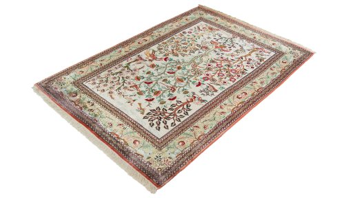 Close-up detail of New Ghom rug from Iran / Persia showing Silk weave