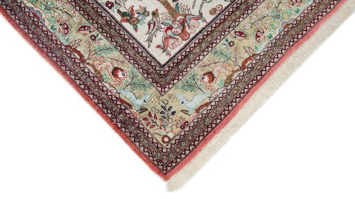 Backside of handmade New Ghom rug showing knot structure and weave density