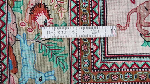Full view of New Ghom rug from Iran / Persia, 145 × 99 cm in Cream tones