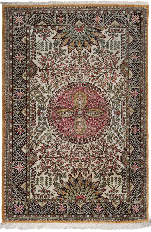 Full view of 1970s Ghom rug from Iran / Persia, 158 × 110 cm in Cream tones