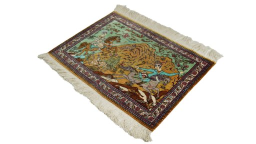 Corner detail of 1980s Ghom rug showing border pattern and Silk pile