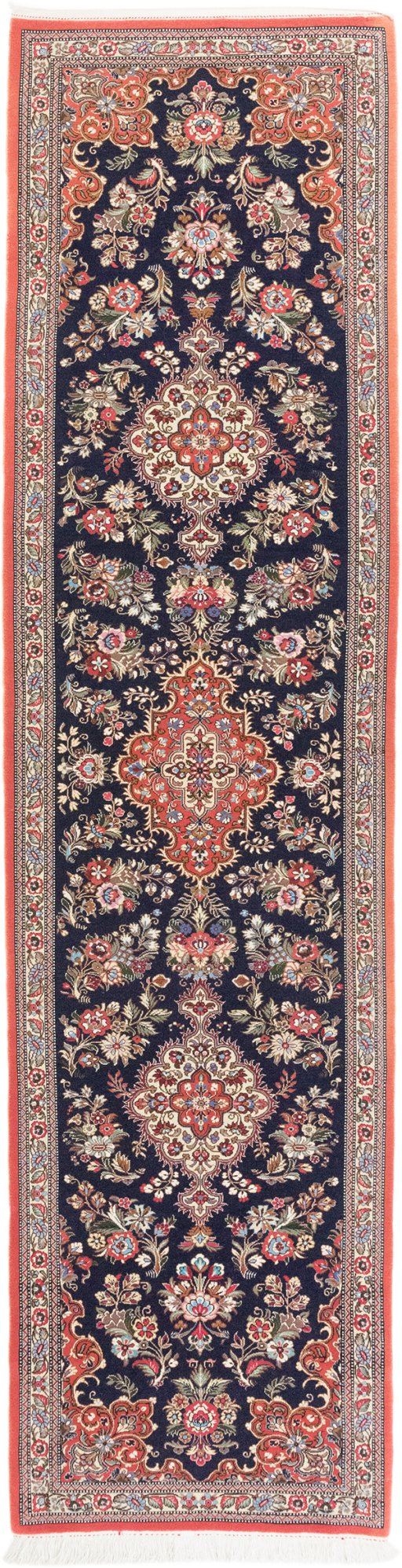 Full view of 1990s Ghom rug from Iran / Persia, 326 × 85 cm in Dark blue tones