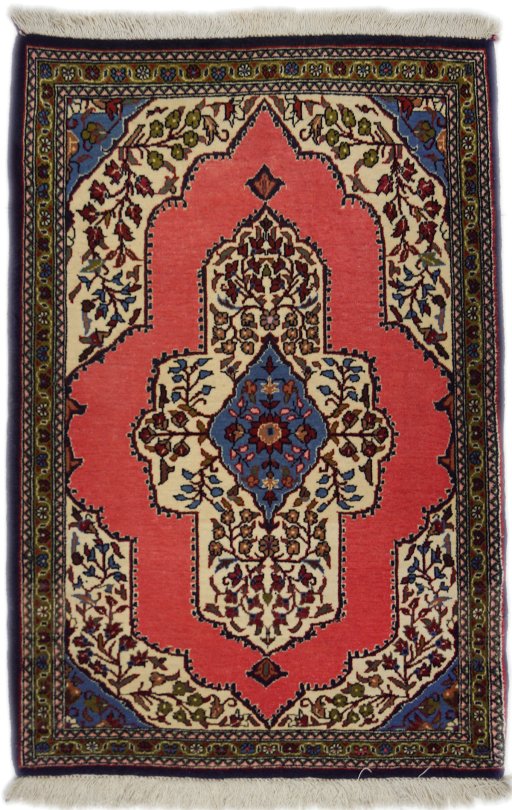Full view of 1990s Ghom rug from Iran / Persia, 95 × 62 cm in Red tones