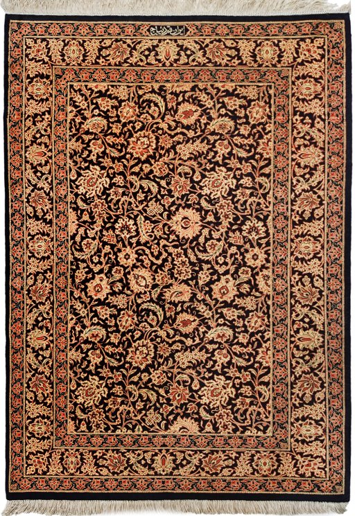 Full view of New Ghom rug from Iran / Persia, 118 × 81 cm in Black tones