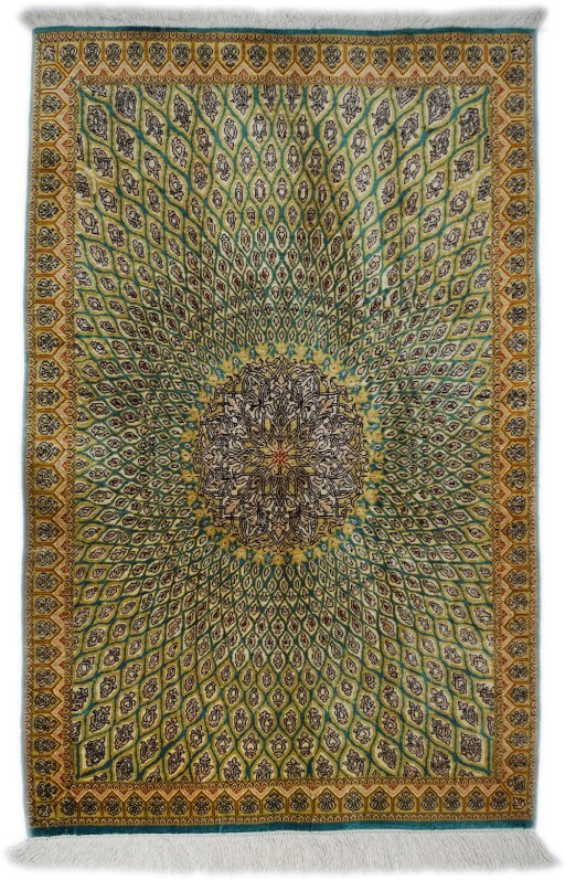 Full view of 1990s Ghom rug from Iran / Persia, 93 × 58 cm in Green tones