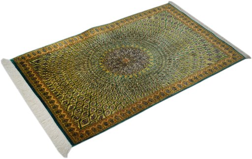 Corner detail of 1990s Ghom rug showing border pattern and Silk pile