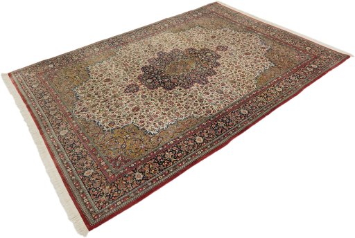 Corner detail of 1980s Ghom rug showing border pattern and Wool pile