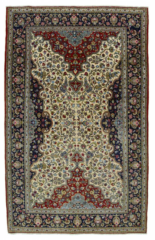 Full view of 2000s Ghom rug from Iran / Persia, 236 × 147 cm in Beige tones