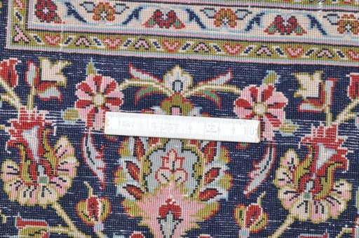 Full view of 2000s Ghom rug from Iran / Persia, 236 × 147 cm in Beige tones