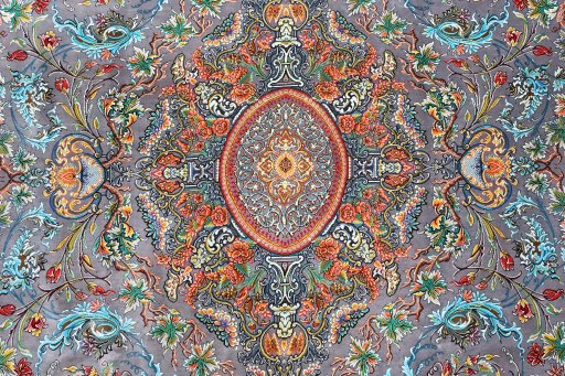 Close-up detail of New Ghom rug from Iran / Persia showing Silk weave