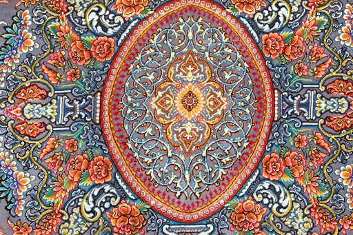Full view of New Ghom rug from Iran / Persia, 208 × 134 cm in Gray tones