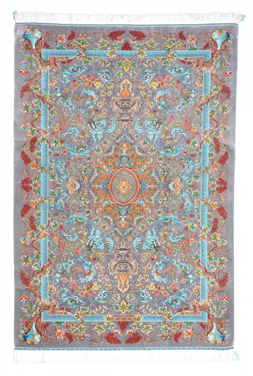 Full view of New Ghom rug from Iran / Persia, 208 × 134 cm in Gray tones