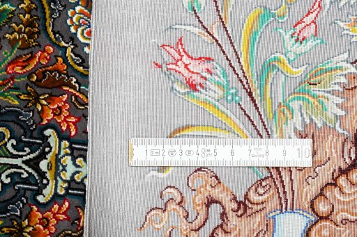 Backside of handmade New Ghom rug showing knot structure and weave density