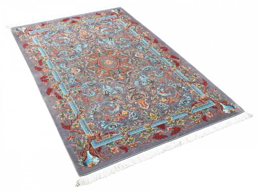 Corner detail of New Ghom rug showing border pattern and Silk pile