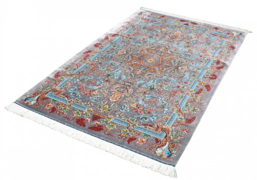 Close-up detail of New Ghom rug from Iran / Persia showing Silk weave
