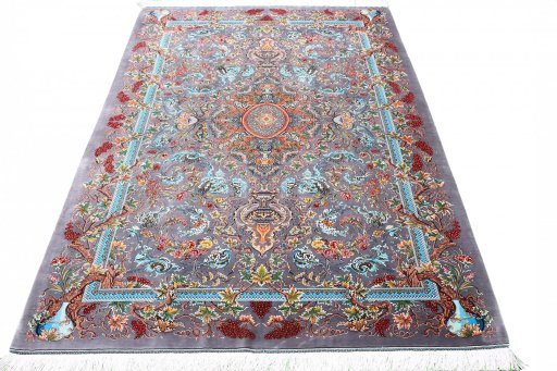 Surface texture of New Ghom rug with natural Silk and intricate pattern