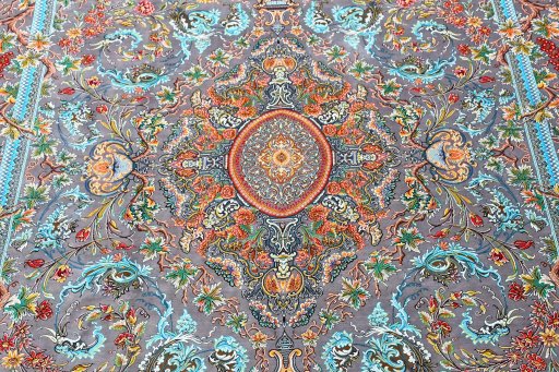 Close-up detail of New Ghom rug from Iran / Persia showing Silk weave