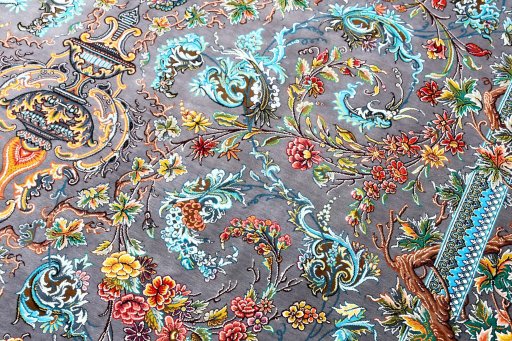 Full view of New Ghom rug from Iran / Persia, 208 × 134 cm in Gray tones