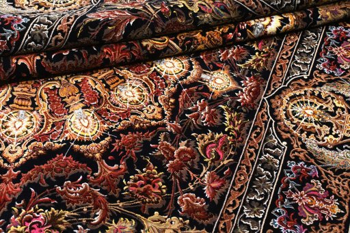 Full view of New Ghom rug from Iran / Persia, 199 × 135 cm in Gray tones