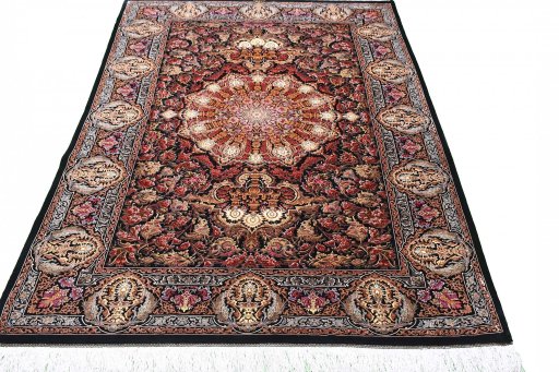 Surface texture of New Ghom rug with natural Silk and intricate pattern